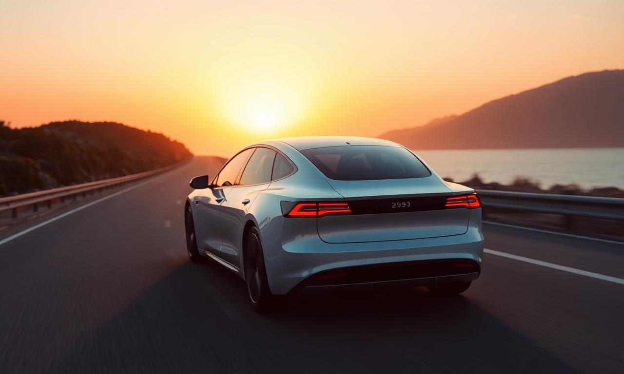 Model 3 on a coastal highway at golden hour